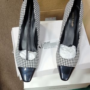 Marc Fisher Black and White Patterned Heels with Floral Accent
